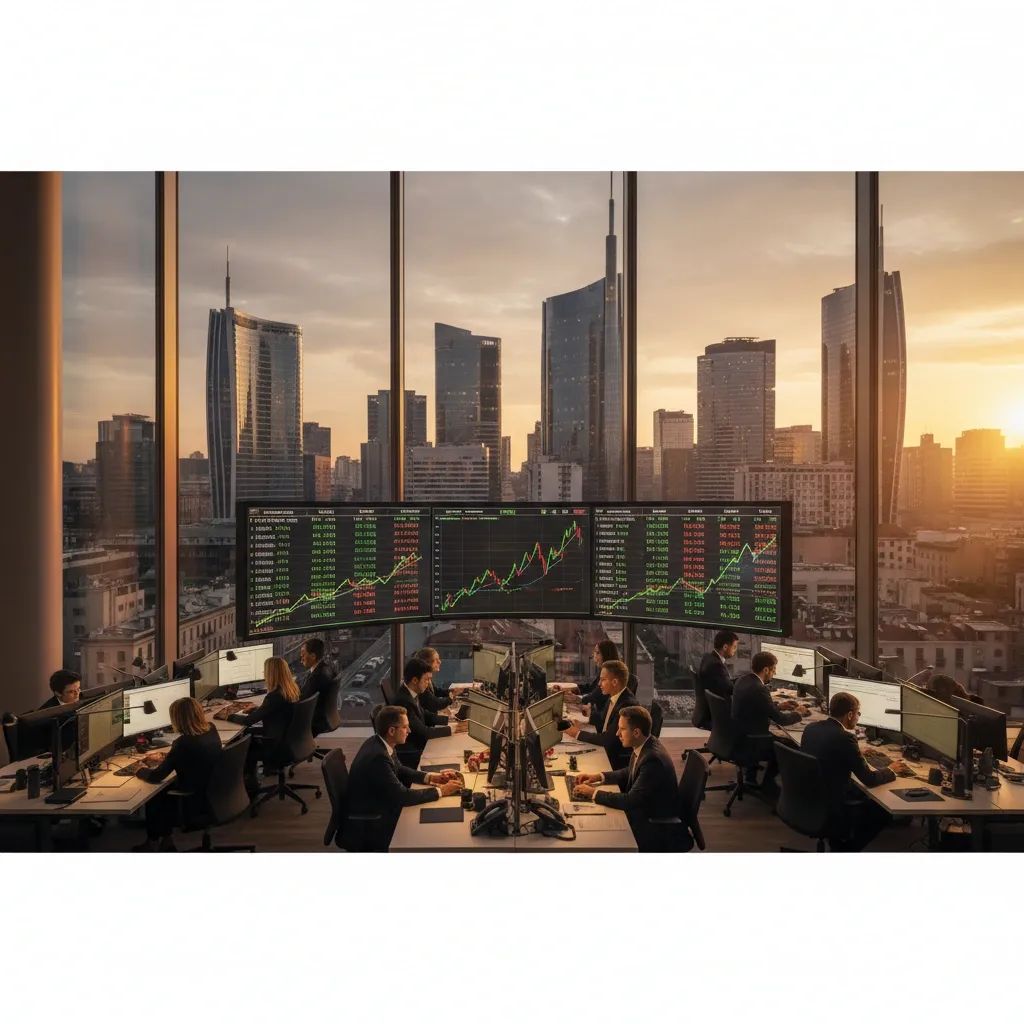 Milan financial district with trading professionals monitoring stock market gains on multiple screens
