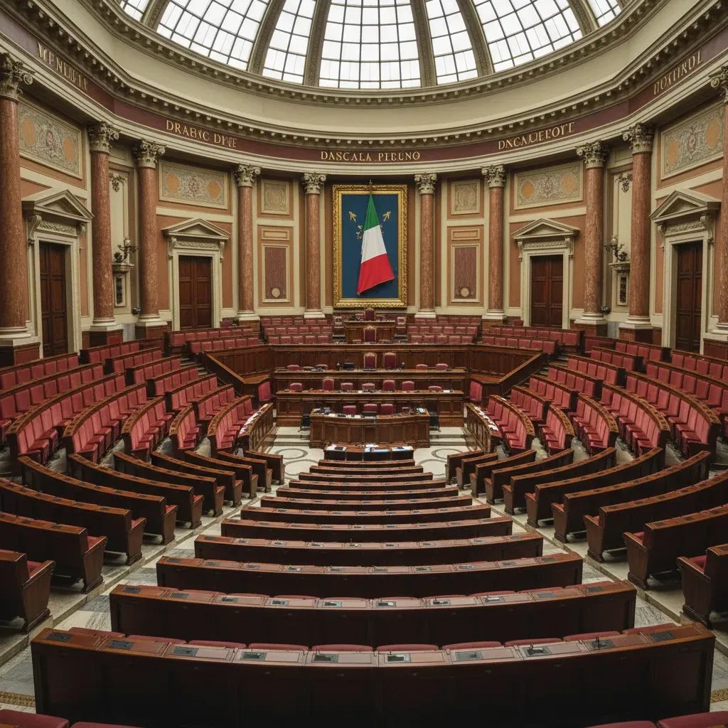Interior of Italy's Chamber of Deputies parliament chamber showing rows of legislative seats and Italian flag