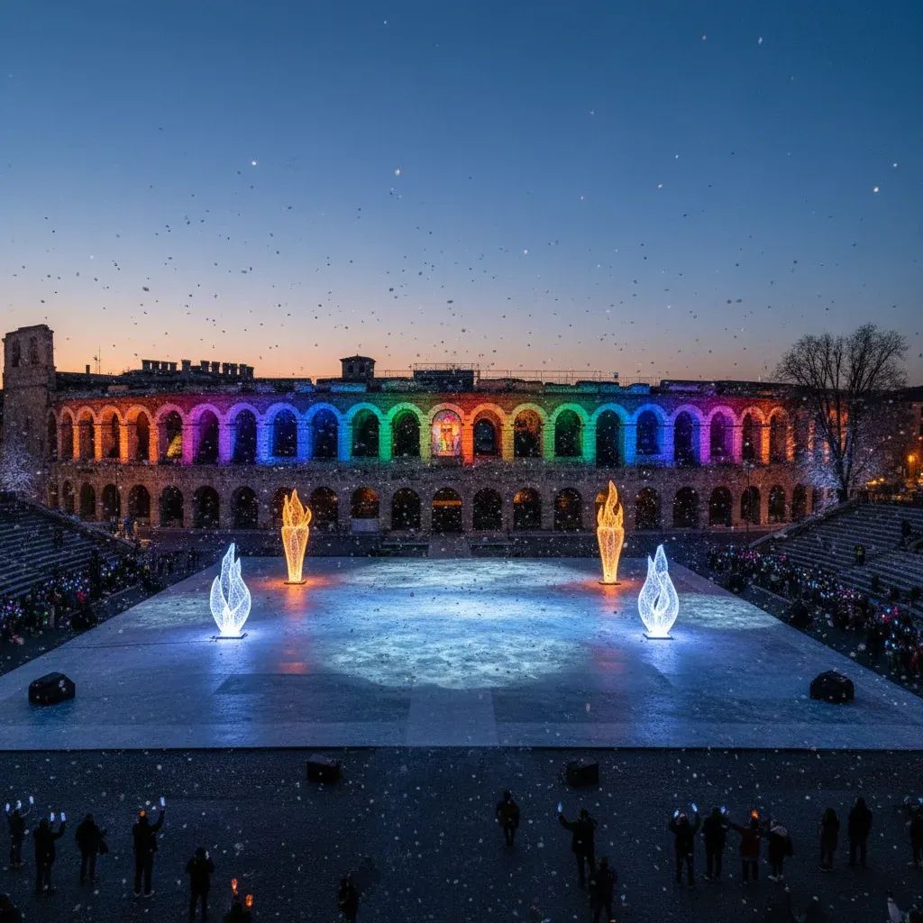 Arena di Verona glowing with stage lights ahead of the Milano Cortina 2026 Olympic closing ceremony