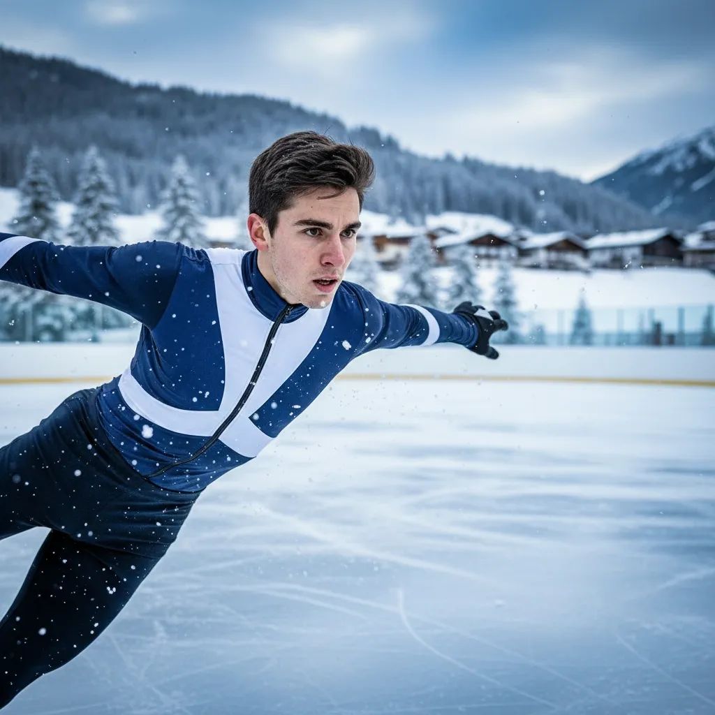 Professional short track speed skater in motion on ice, displaying athletic determination and focus