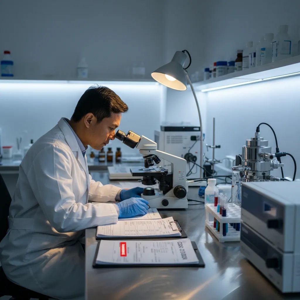Forensic medical examiner conducting analysis in Italian laboratory setting