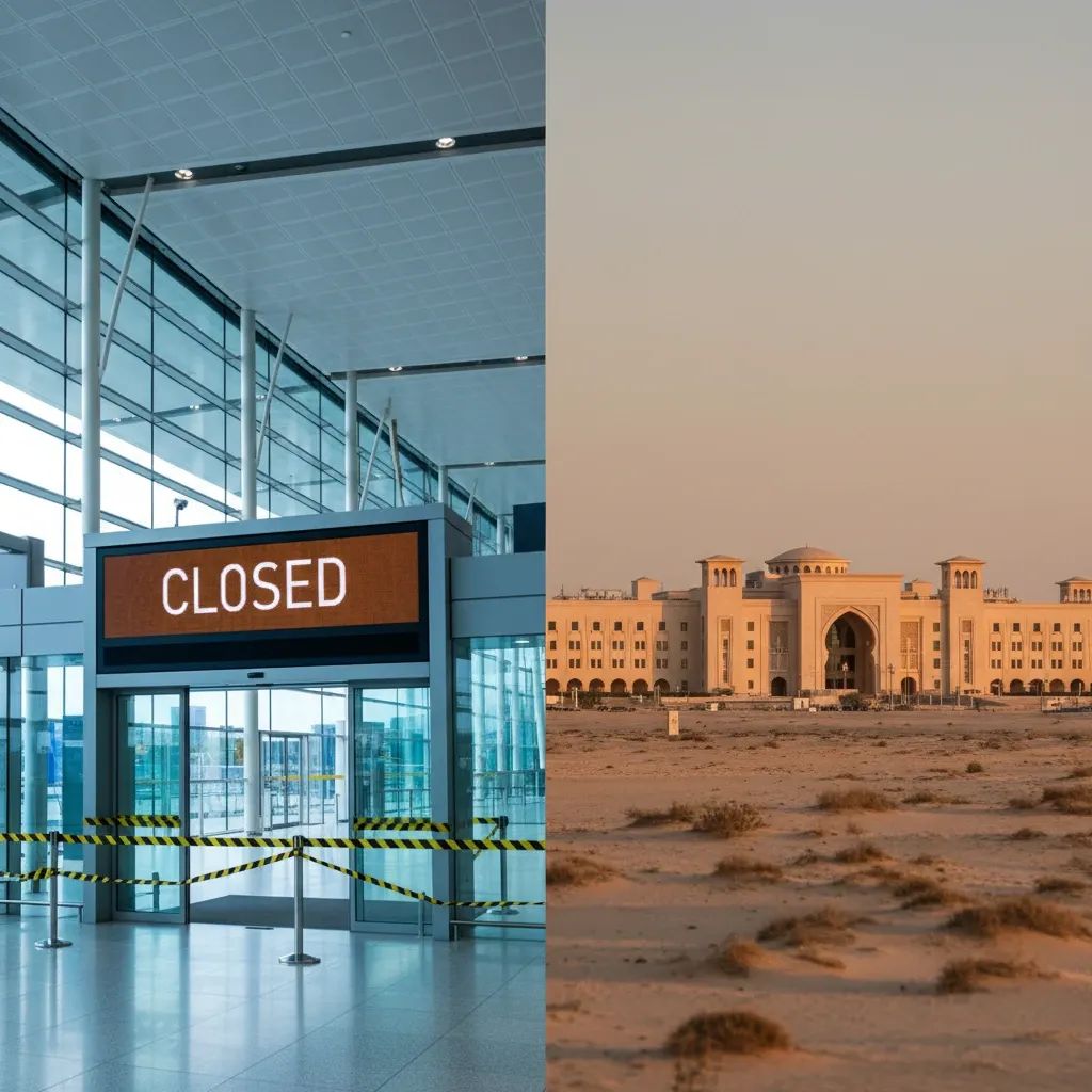 Airport closure and desert landscape representing Iran strikes impact on Gulf travel and Italian evacuation routes