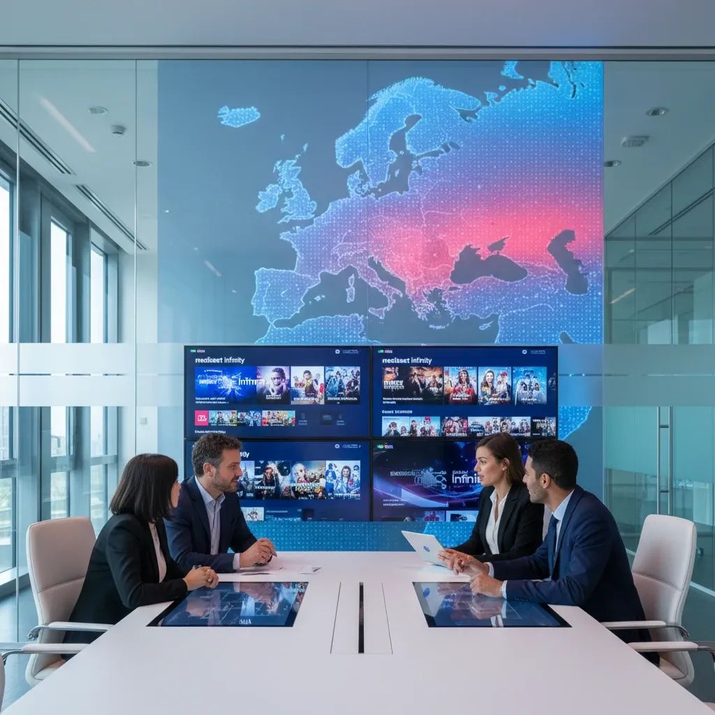 Modern corporate office setup showing Mediaset Infinity streaming platform on displays with European map integration