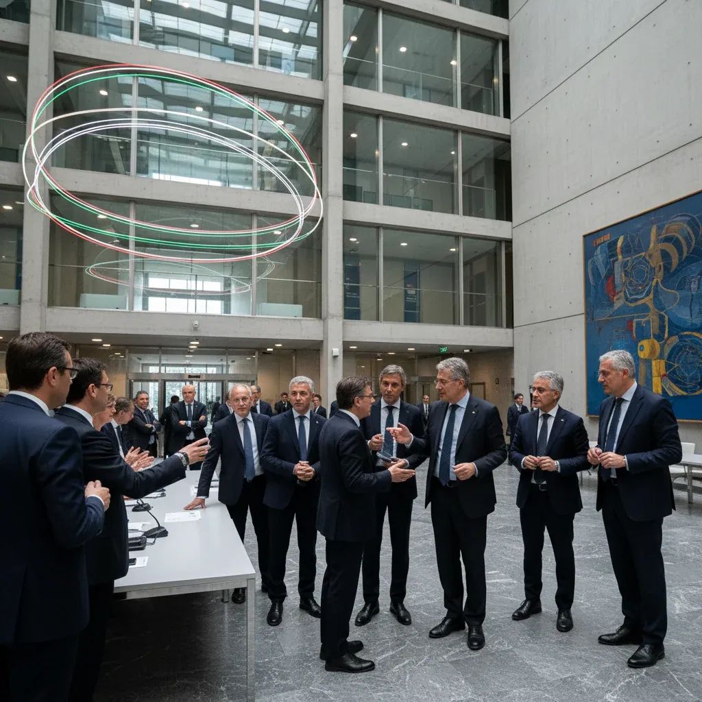 Italian football federation officials and club representatives gathering for assembly meeting in Rome ministry setting