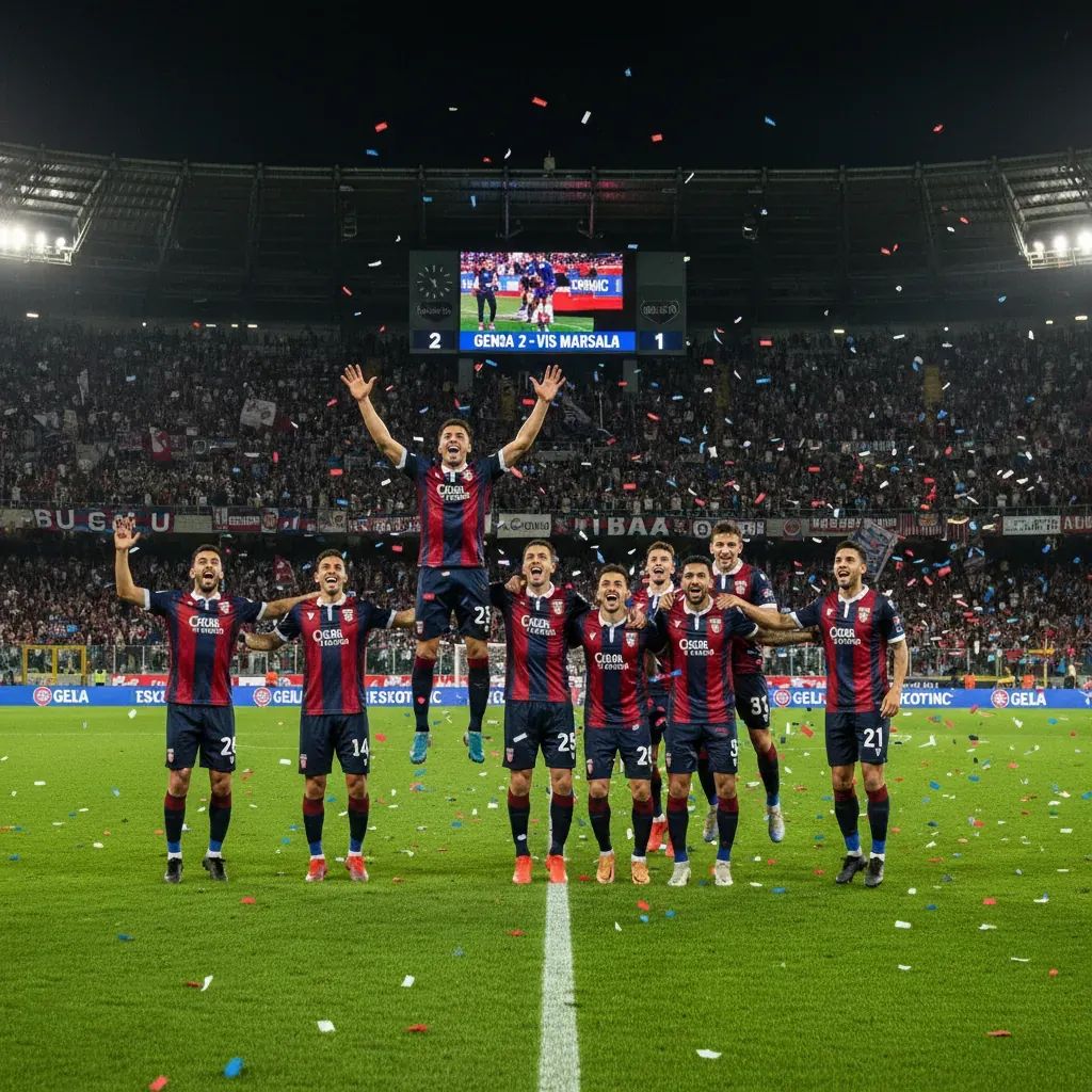 Genoa players celebrating Serie A survival victory with red and blue kit on stadium pitch