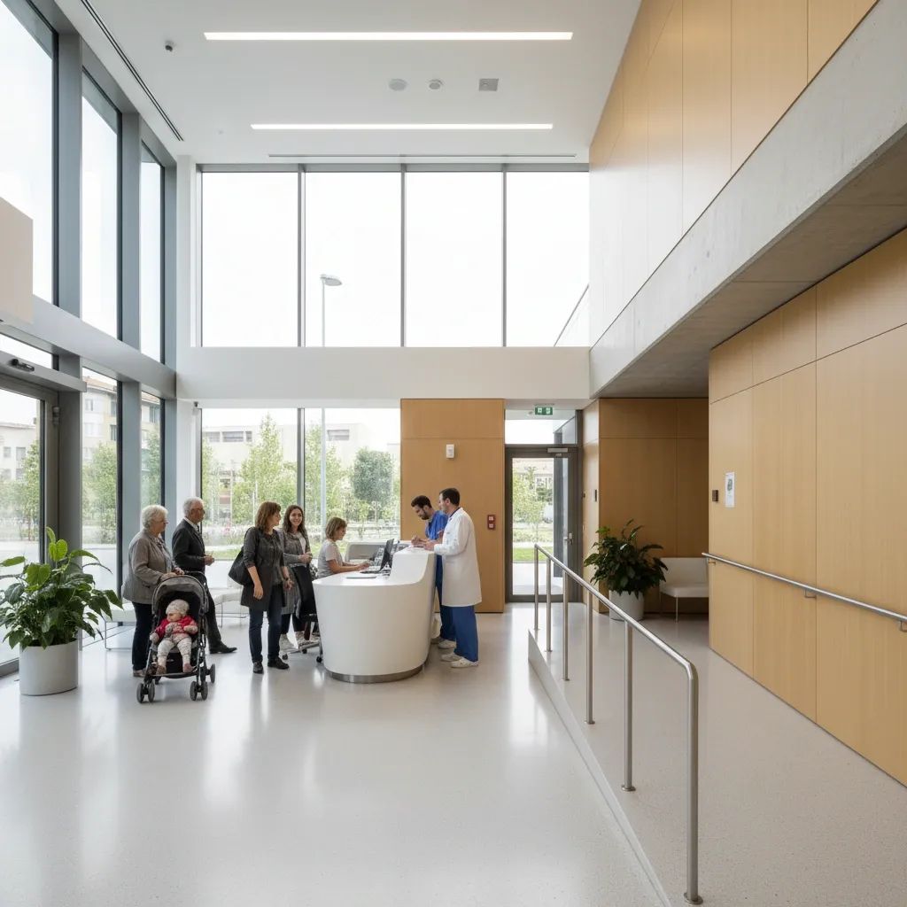 Modern medical-legal center entrance with accessible design and diverse patients in reception area