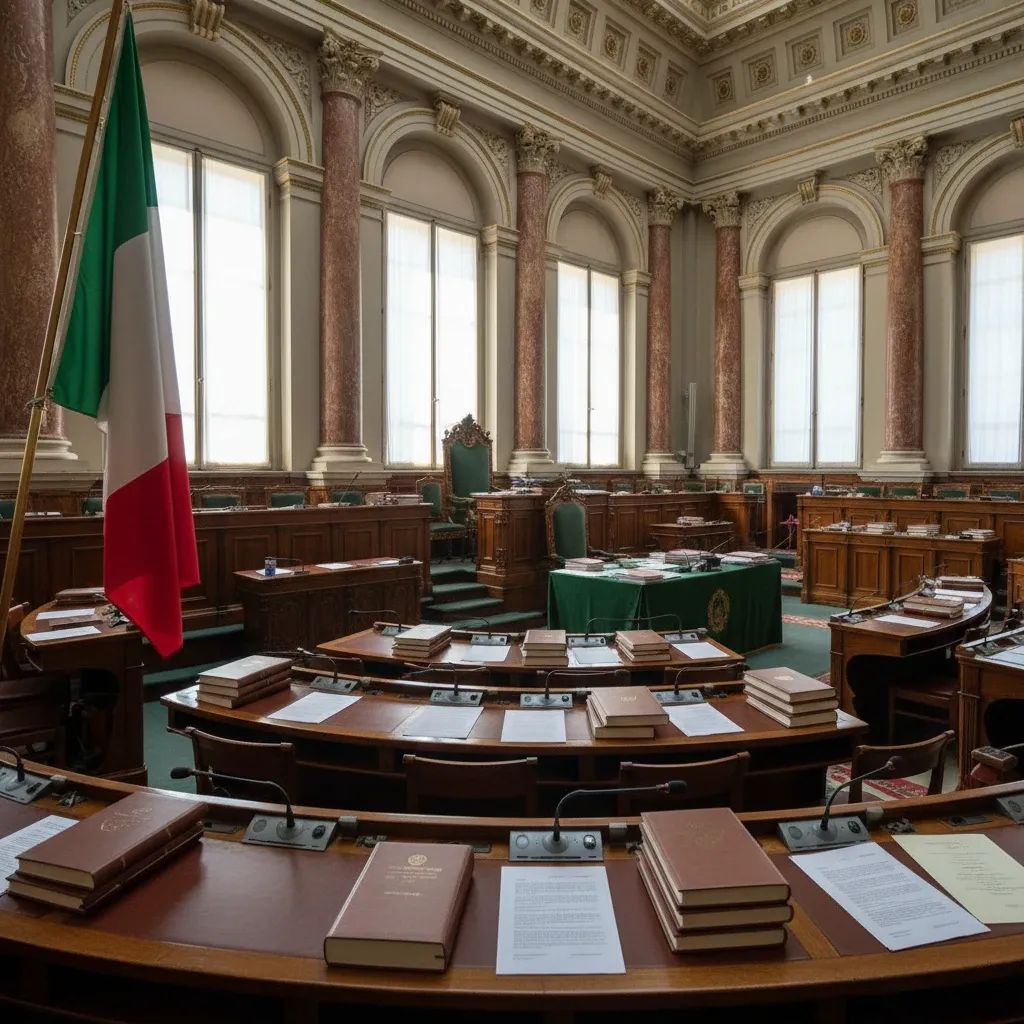 Italian Senate chamber with formal legislative setting and Italian flag