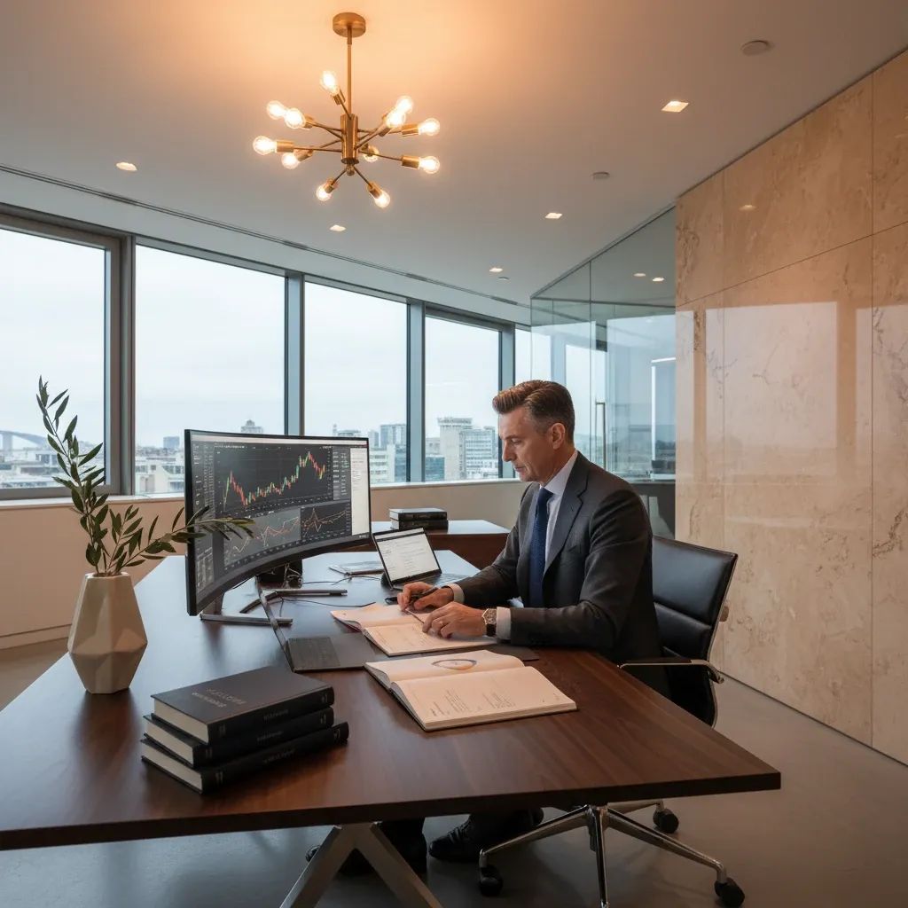 Professional in corporate office environment reviewing financial reports and business documents