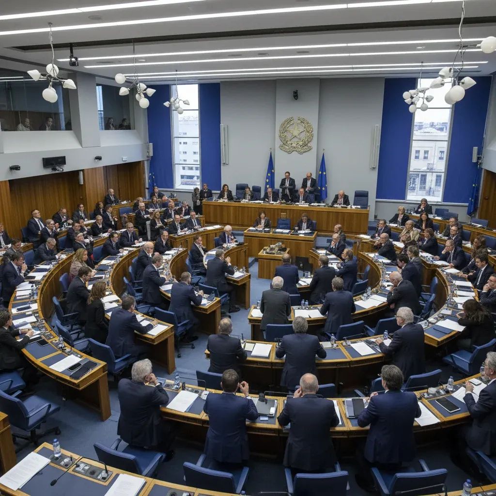 Italian political assembly members in formal parliamentary debate or discussion setting