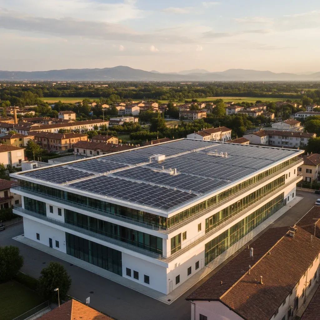 Aerial view of Technogym's 2 MW rooftop solar panel array in Cesena, Italy covering 17,000 square meters