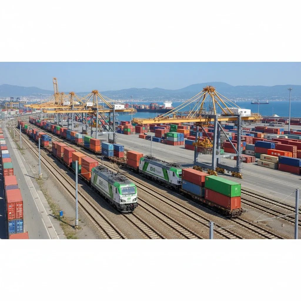 Modern intermodal rail terminal with electric locomotives and stacked cargo containers in Italy