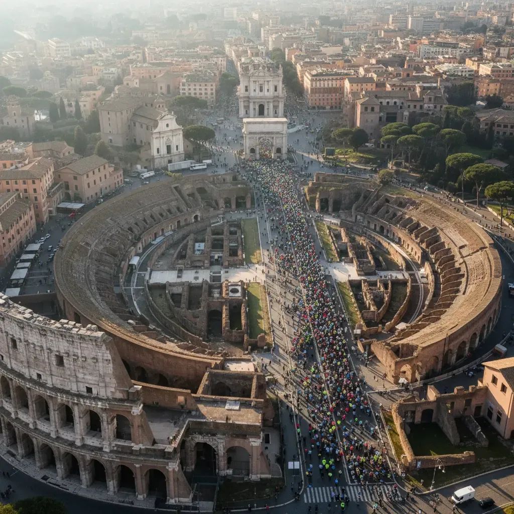 Aerial view of marathon runners passing through Rome's historic landmarks including the Colosseum