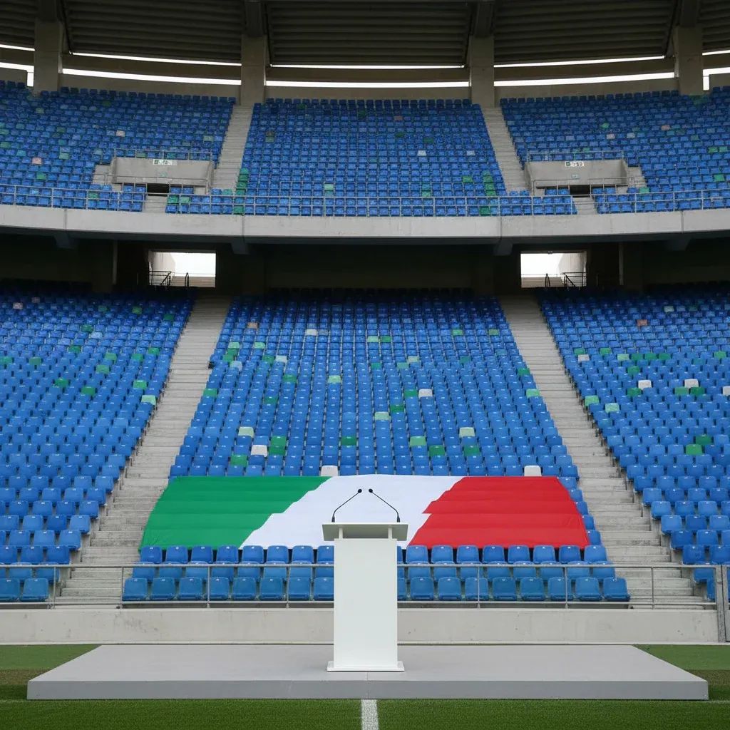 Empty football stadium podium with microphone representing leadership transition in Italian football governance