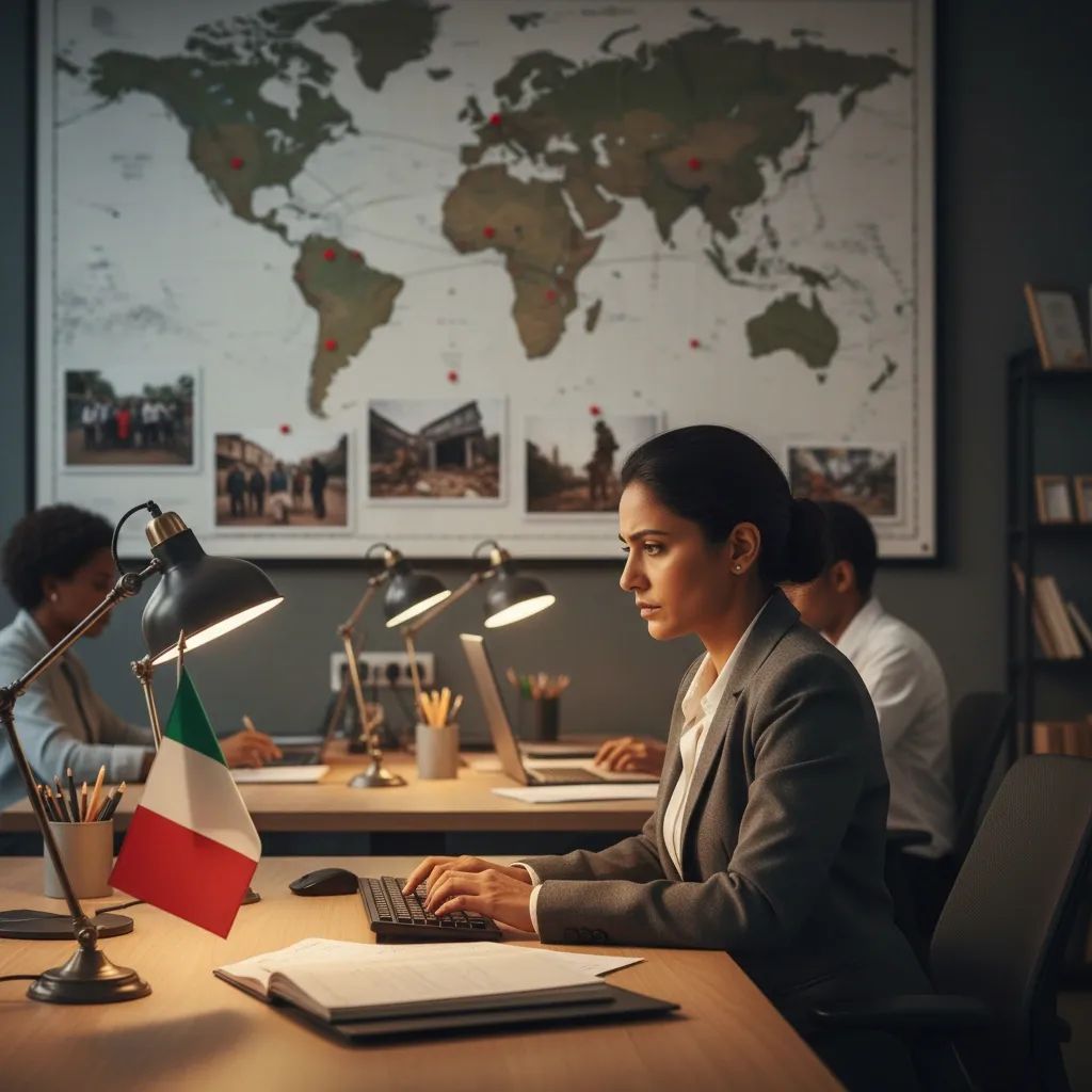 Journalist in newsroom with international maps and conflict reporting materials