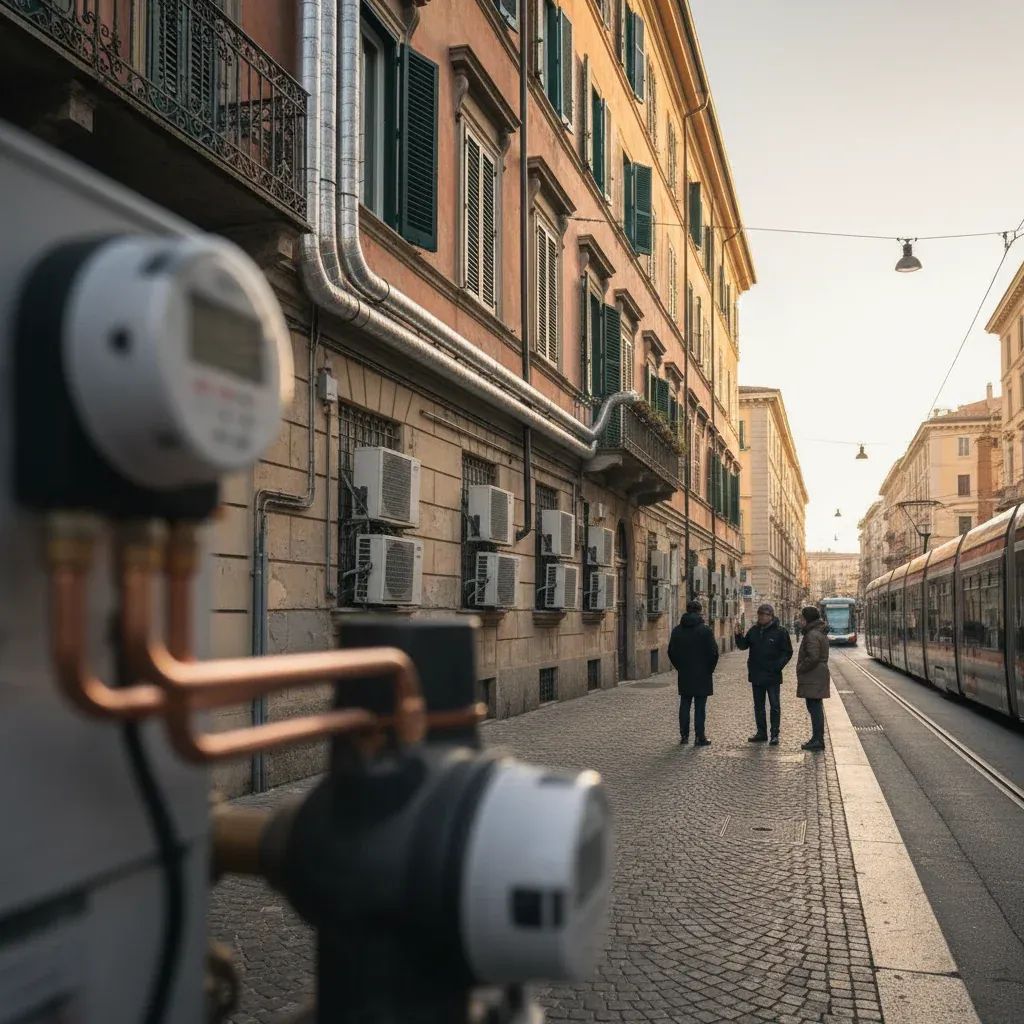 Italian apartment building with heating infrastructure and city street, representing rising energy bills for households