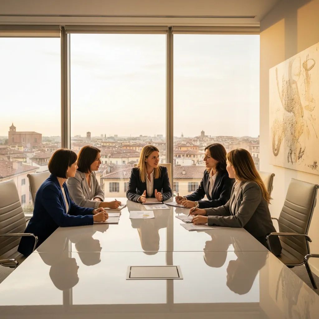 Professional women collaborating in modern office environment with Italian cityscape in background