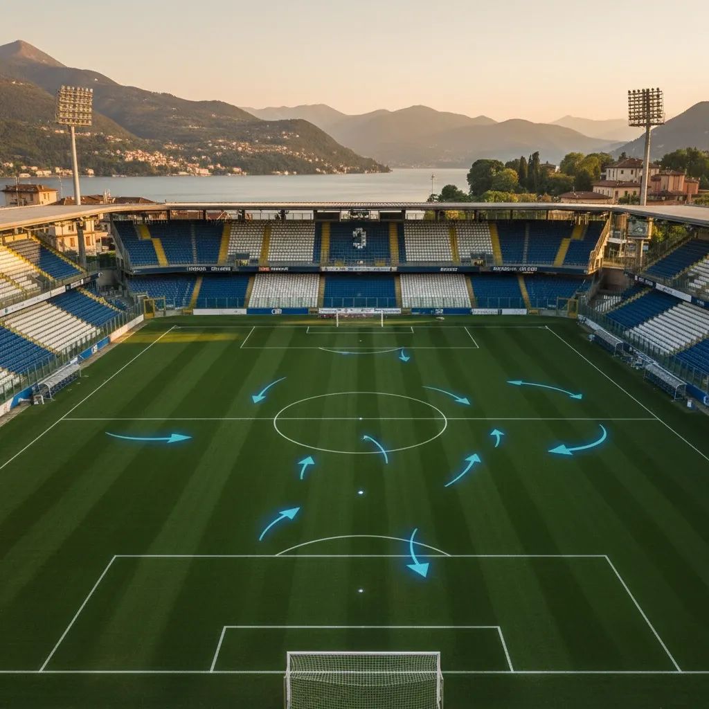 Como football stadium with Italian Alpine scenery and tactical football formation elements
