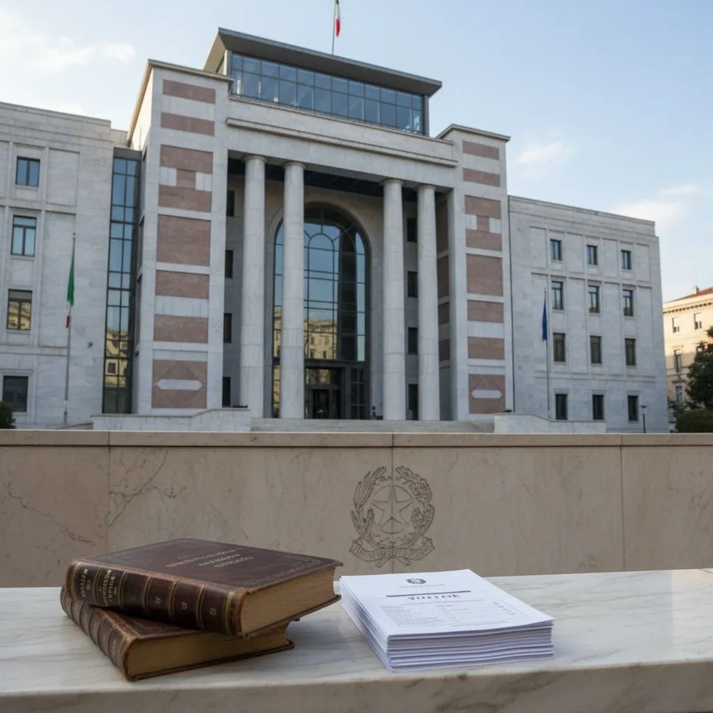 Italian courthouse with constitutional reform documents and voting ballot representing judicial referendum