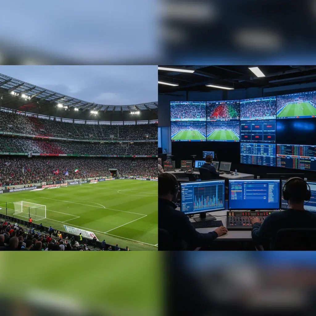 Split-screen showing football stadium and broadcast control room representing World Cup streaming coverage