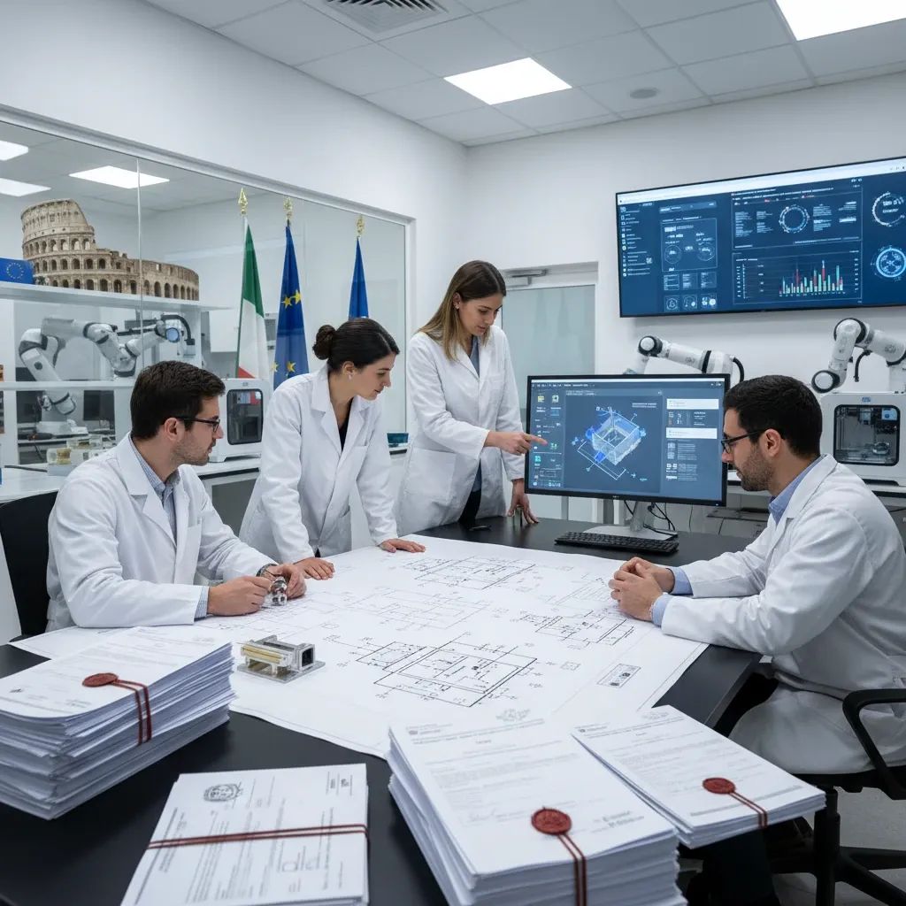 Innovation lab workspace with patent documents and industrial technology equipment representing Italian patent achievements