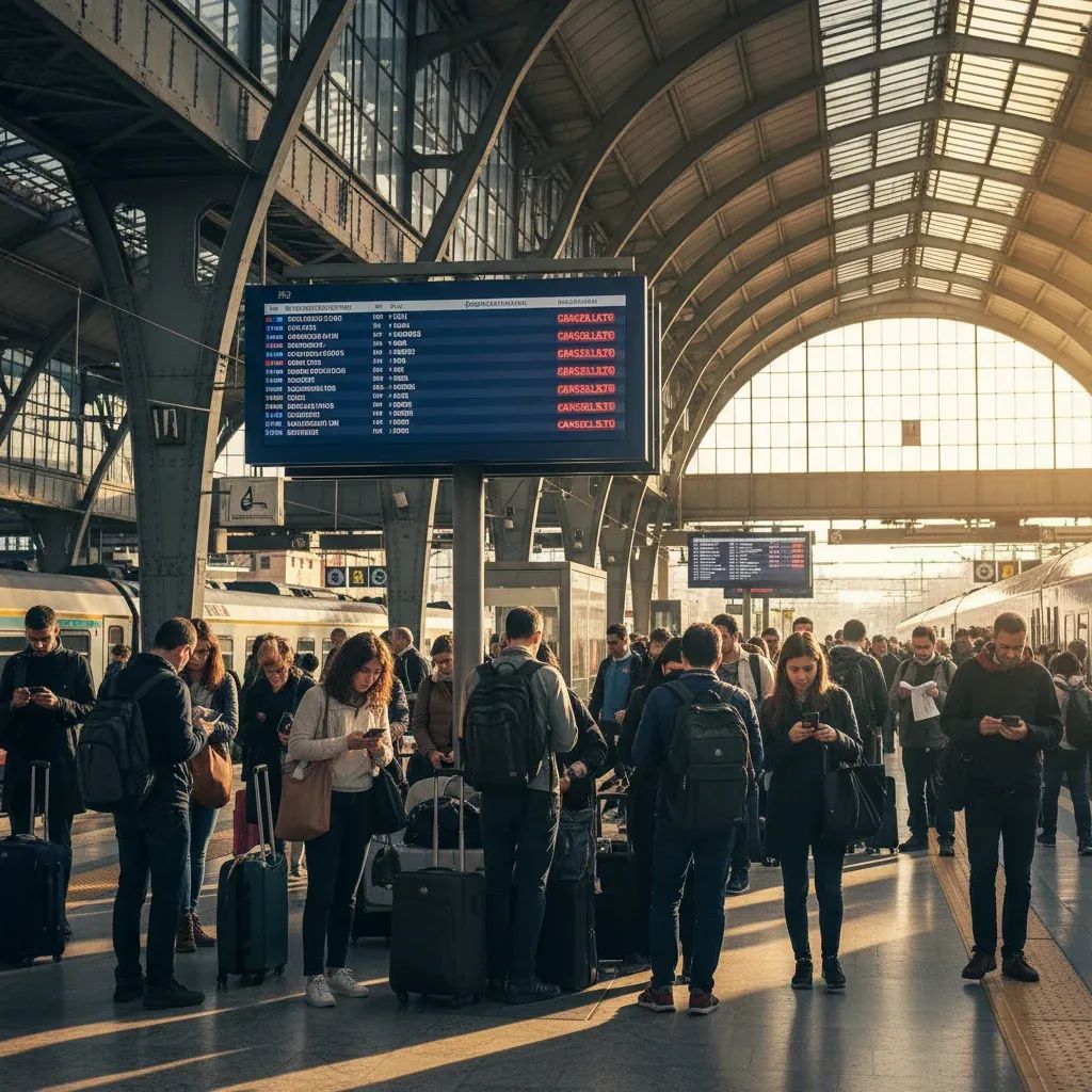 Passengers waiting at Italian train station during service disruption with departure board visible