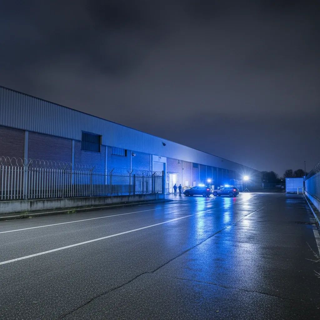 Bergamo industrial area with police presence and investigation scene at night