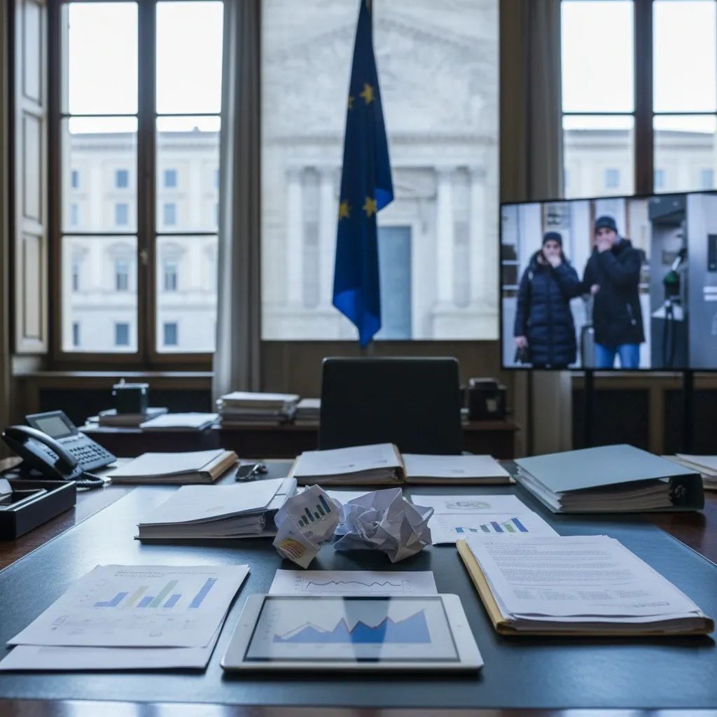 Italian government building with energy price documents and concerned residents at fuel pump, representing economic impact of Iran crisis
