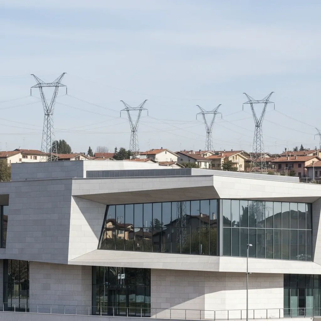 Italian bank facade with distant power lines symbolising banks funding household energy bill relief