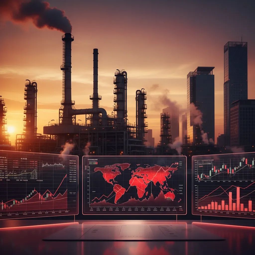 Oil refinery facility with financial market displays showing rising energy prices and economic impact