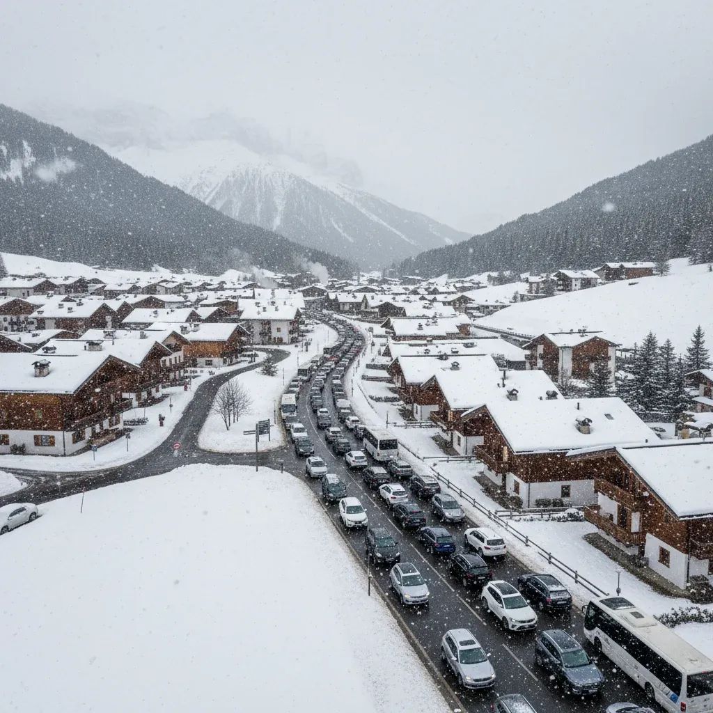 Aerial view of Cortina mountain road crowded with cars and buses amid heavy snowfall in the Dolomites