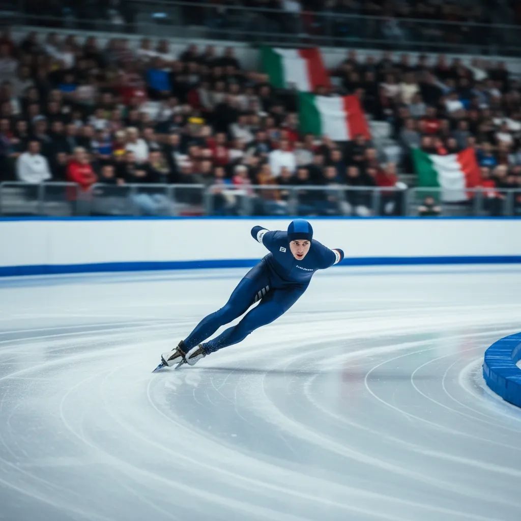 Italian speed skater racing on indoor rink amid cheering crowd with tricolour lights