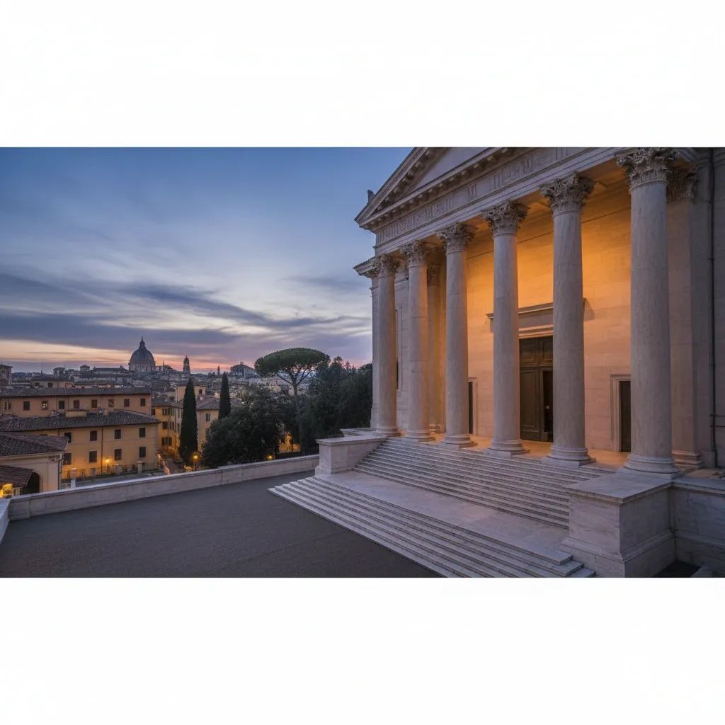 Grand Italian courthouse at dusk symbolising upcoming justice-reform referendum and calmer political debate
