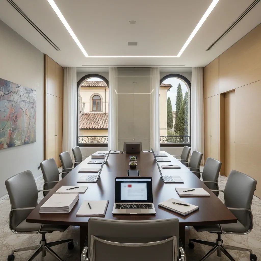Corporate boardroom interior with conference table and professional office setup, representing Italian political business meeting