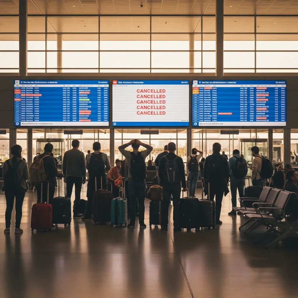 Travelers checking departure boards at busy Italian airport terminal during flight cancellations