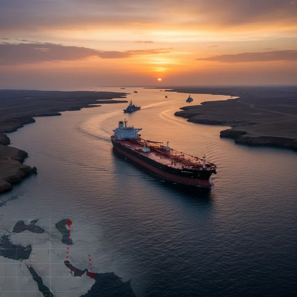 Oil tanker navigating the Strait of Hormuz with military presence indicating geopolitical tensions affecting global oil supply