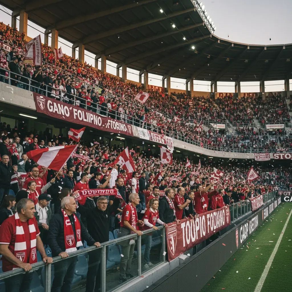Torino FC fans celebrating in stadium stands with red and white colors under evening lights