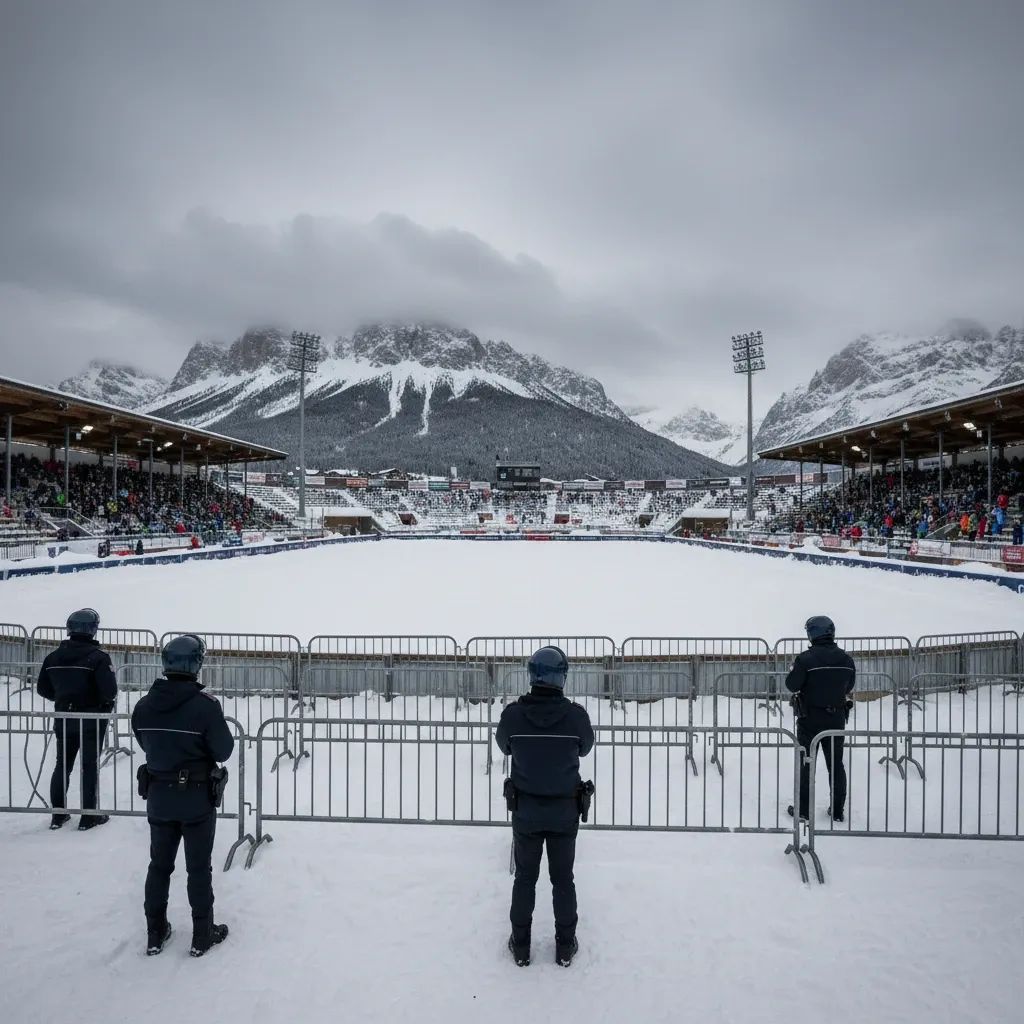 Italian police setting up security barriers outside a snowy Cortina stadium ahead of the Milano-Cortina 2026 Paralympics