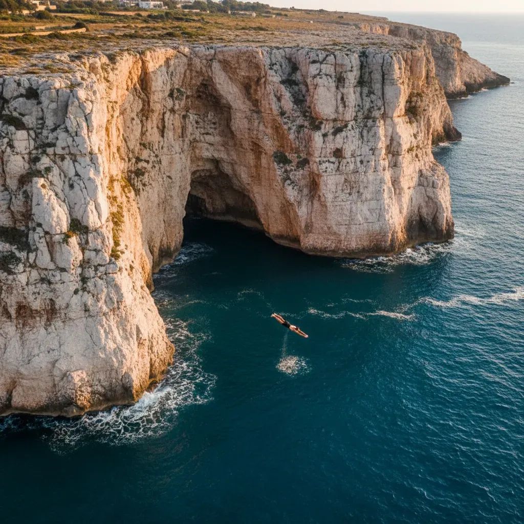Aerial view of Polignano a Mare's limestone cliffs with diver in mid-air above Mediterranean waters