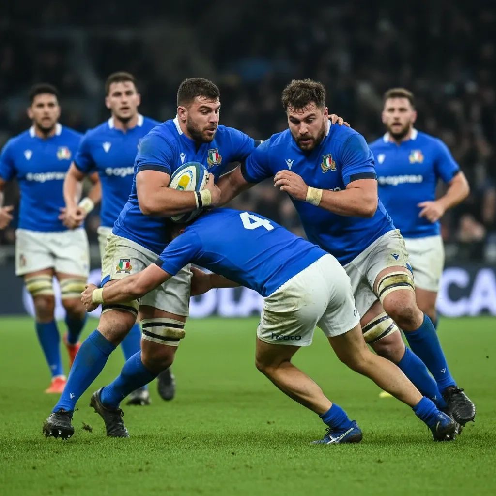 Italian rugby players in intense match action at Stadio Olimpico during Six Nations fixture