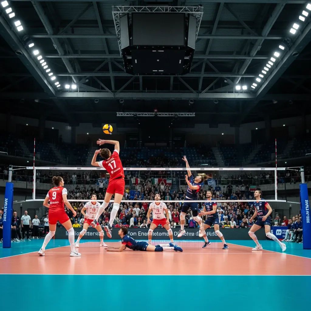 Volleyball players in action during championship match with stadium crowd and arena lights