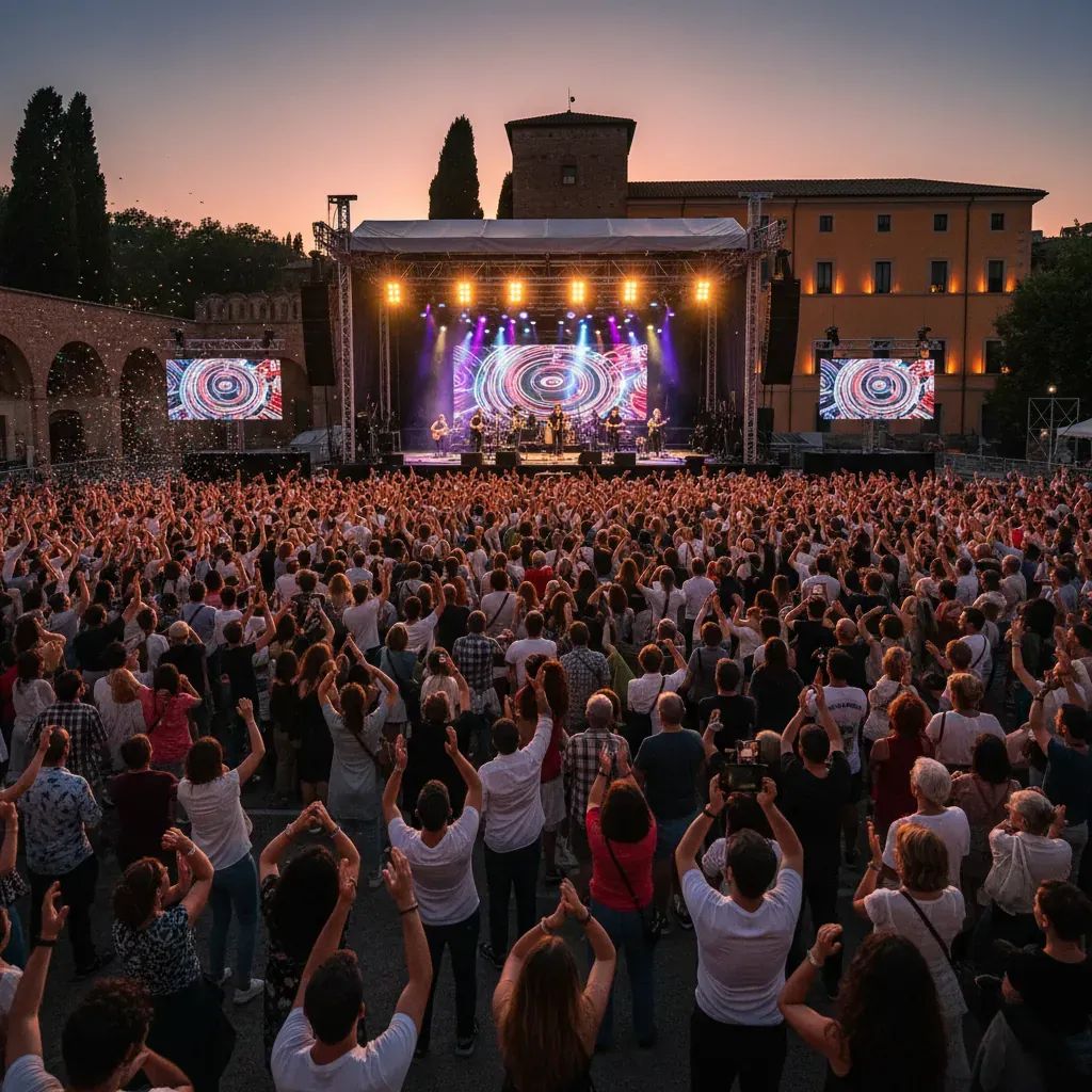 Live music performance at Sanremo Festival with engaged audience members watching from concert venue