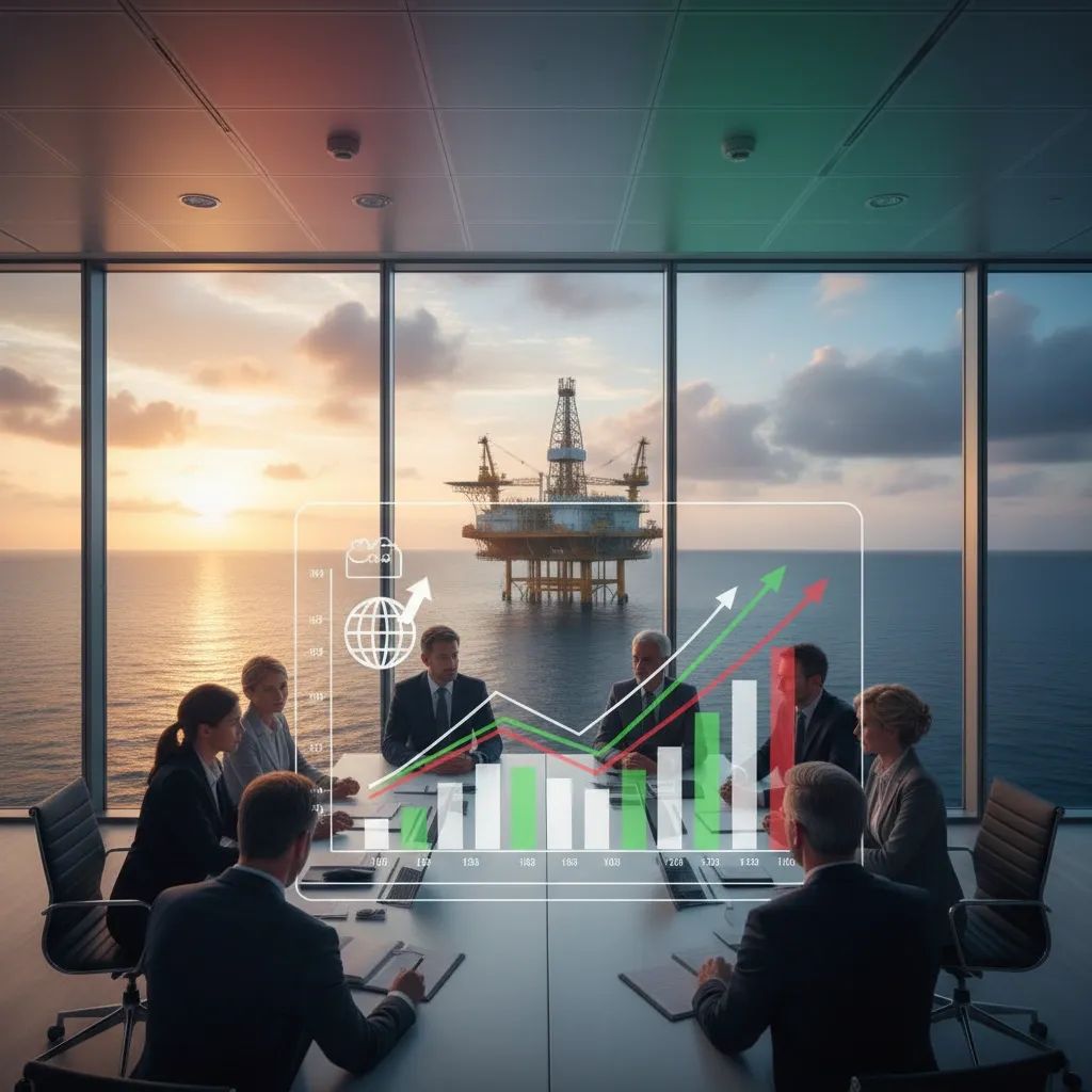 Financial growth charts and offshore energy infrastructure representing Saipem's 2025 financial success