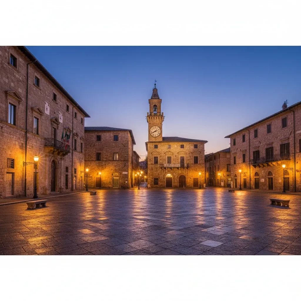 Empty historic Italian town square with traditional architecture and street lighting at dusk