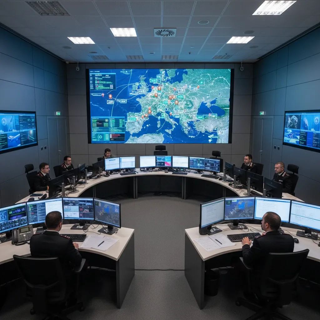 Modern security operations center with Italy and Mediterranean strategic monitoring displays