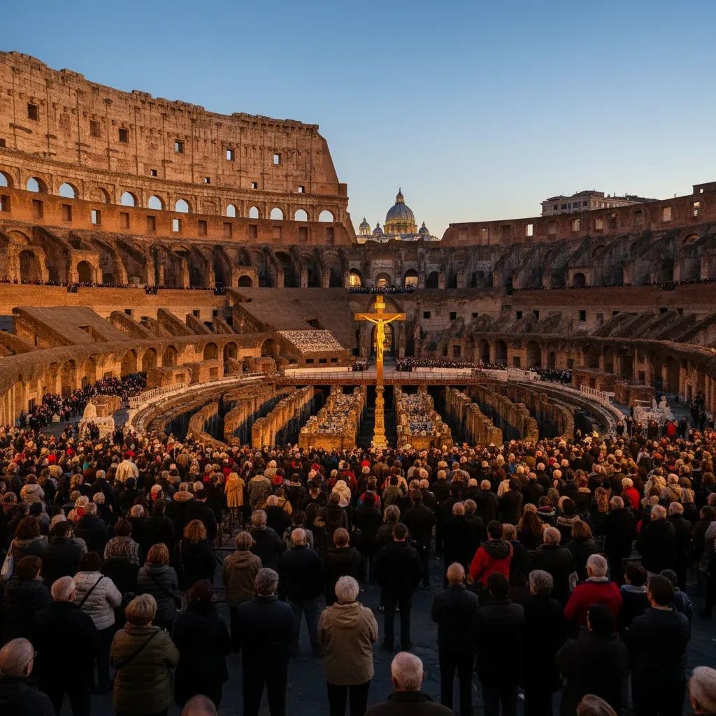 Pope's Good Friday ceremony at the Colosseum in Rome with gathered pilgrims