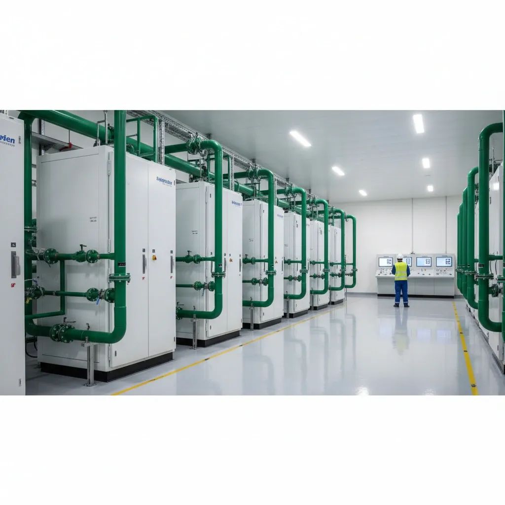 Wide view of an Italian hydrogen plant with electrolysers and an engineer overseeing operations