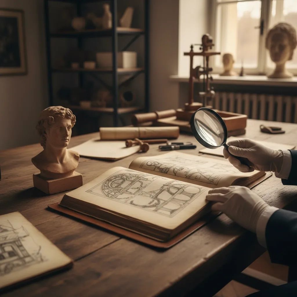 Conservator’s gloved hands study Renaissance sketches and a small sculpture in an Italian museum lab