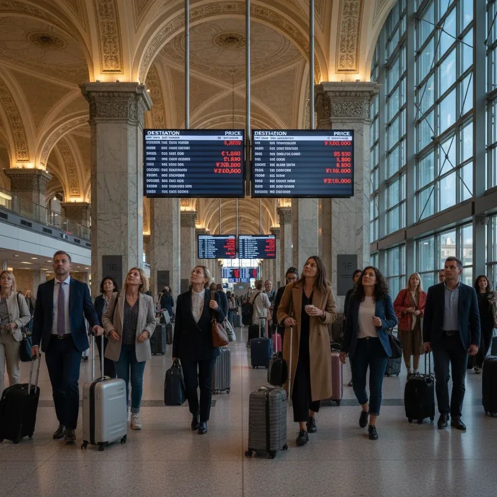 Travelers checking flight prices at an Italian airport departure board during peak travel season.
