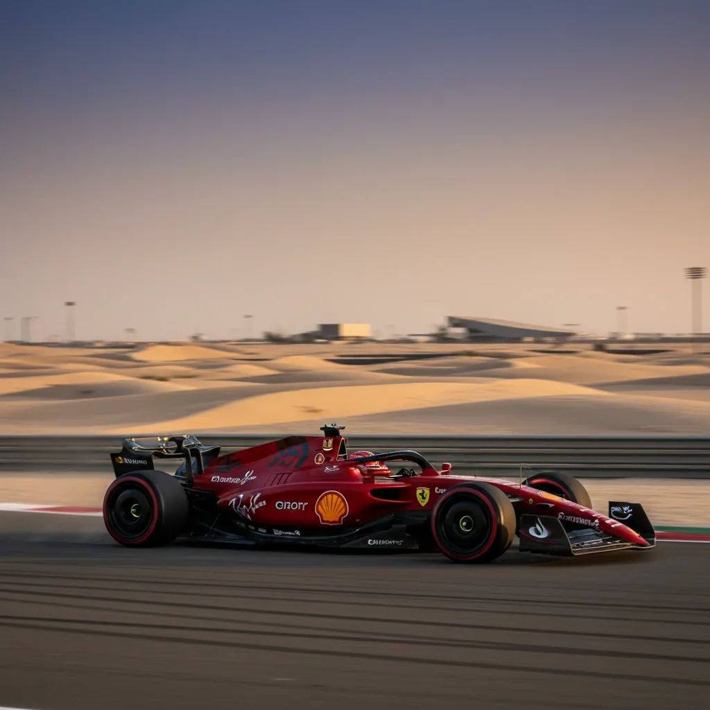 Red Ferrari Formula 1 car on Bahrain racetrack during testing session