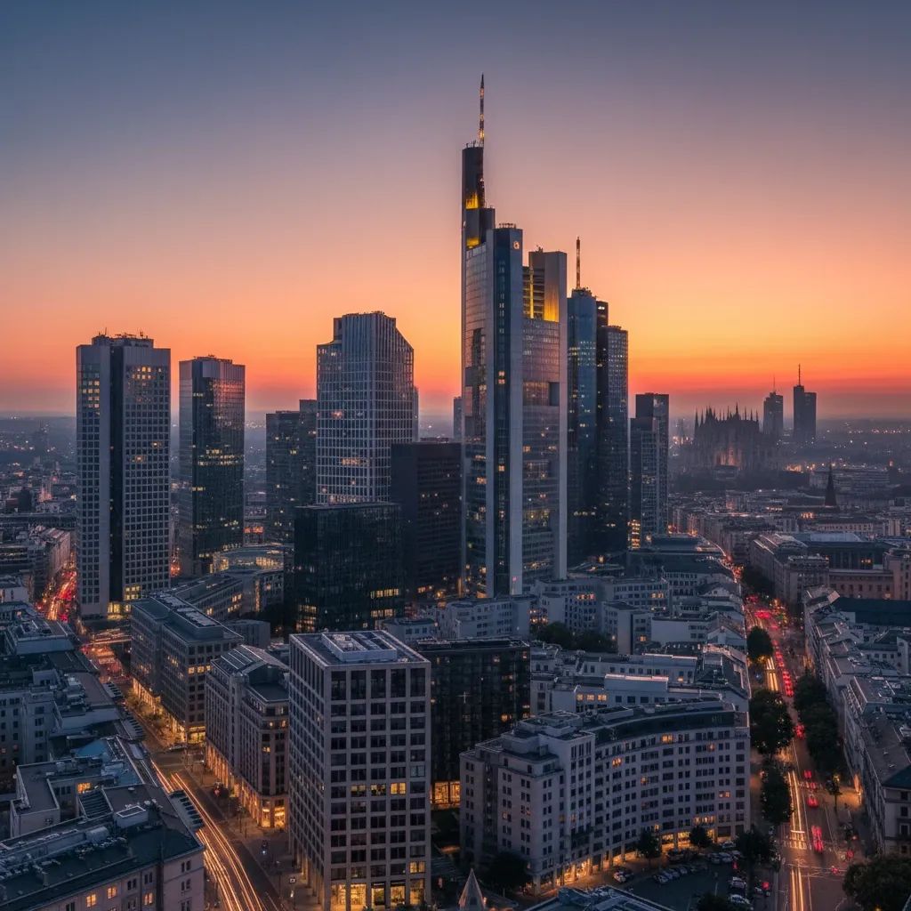 Modern banking cityscape showing Frankfurt and Milan financial districts, representing UniCredit's pan-European expansion strategy